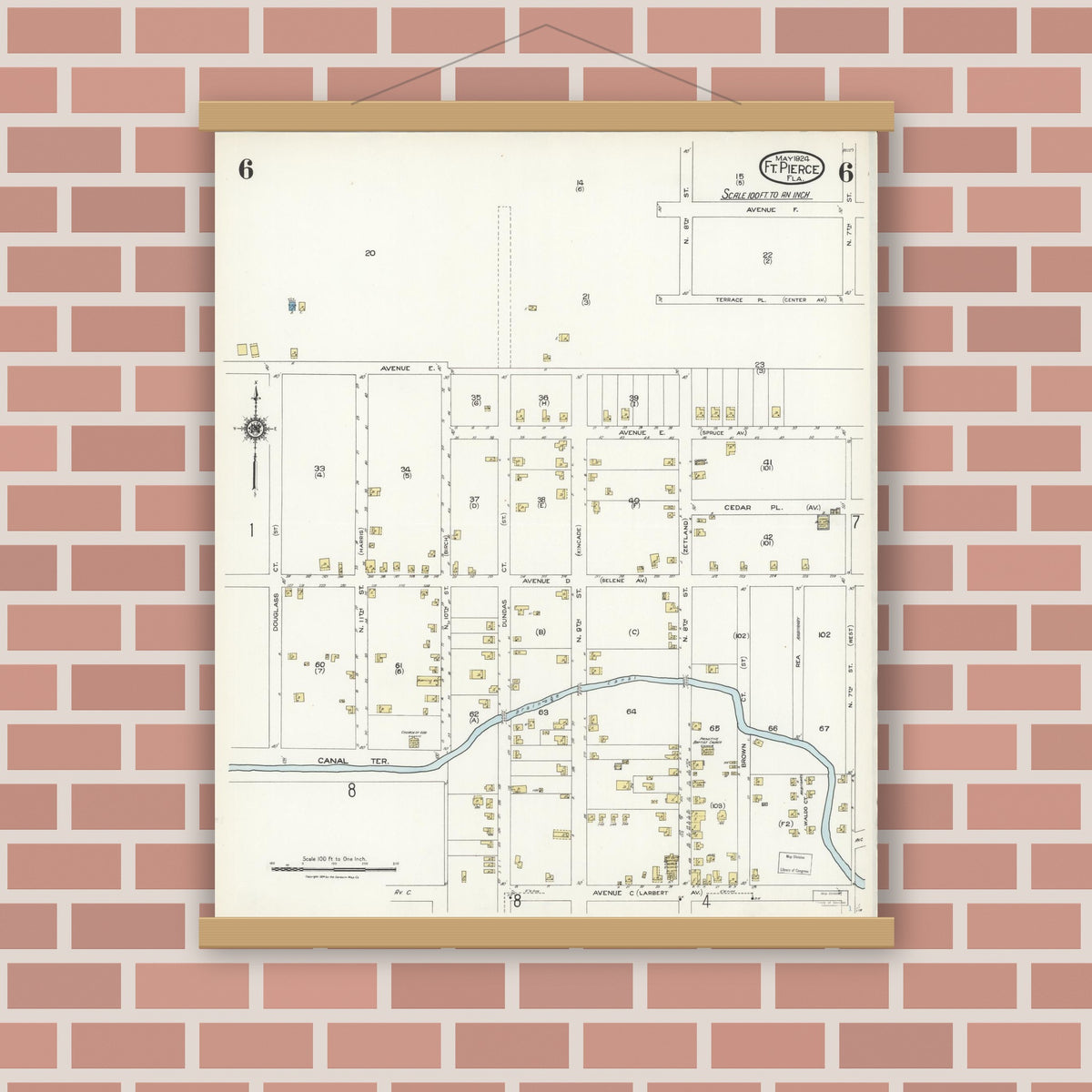 Old map wall art mockup — magnetic wood frame on brick wall — Sanborn Fire Insurance Map from Fort Pierce, St Lucie County, Florida (1924), Sheet #0006