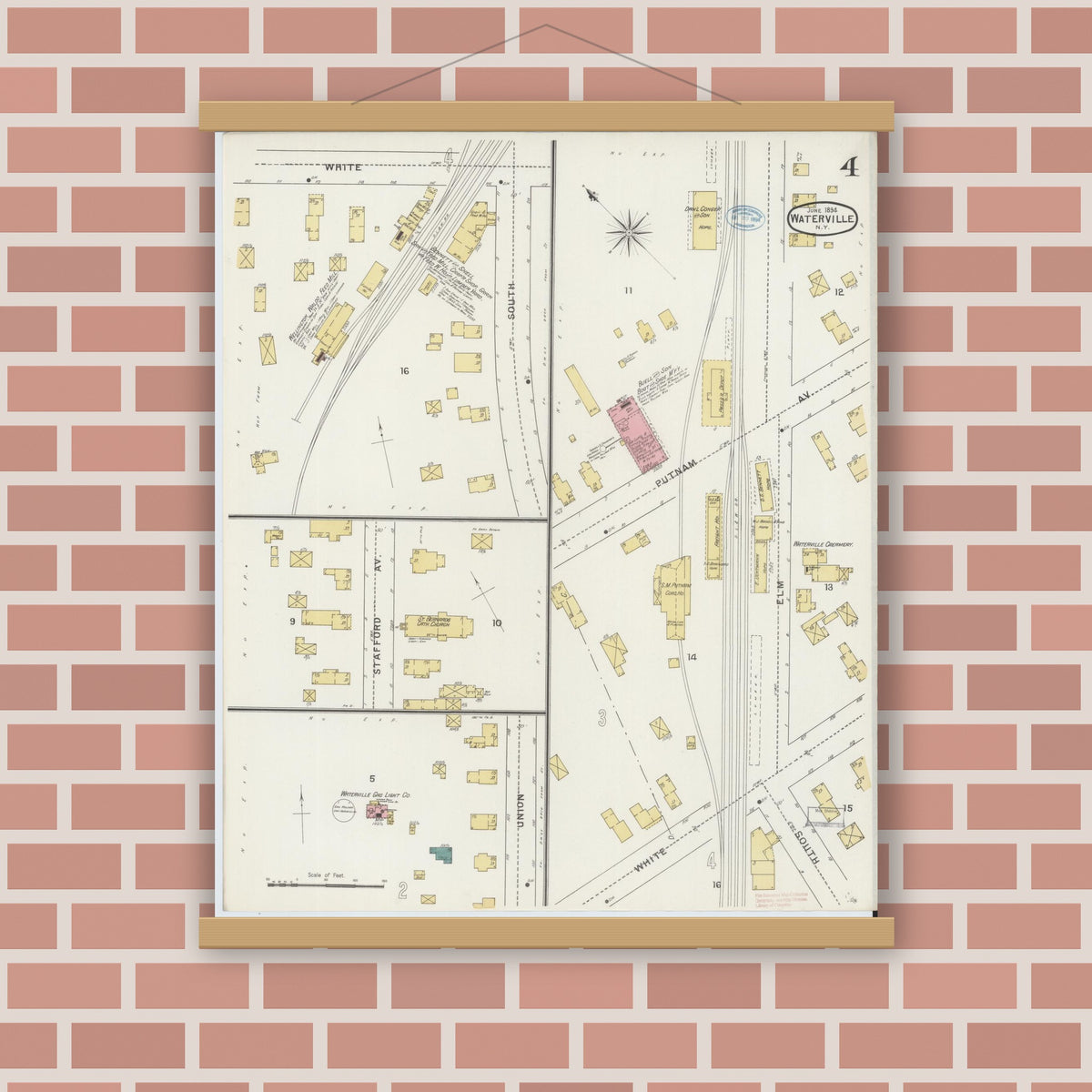 Old map wall art mockup — magnetic wood frame on brick wall — Sanborn Fire Insurance Map from Waterville, Oneida County, New York (1894), Sheet #0004