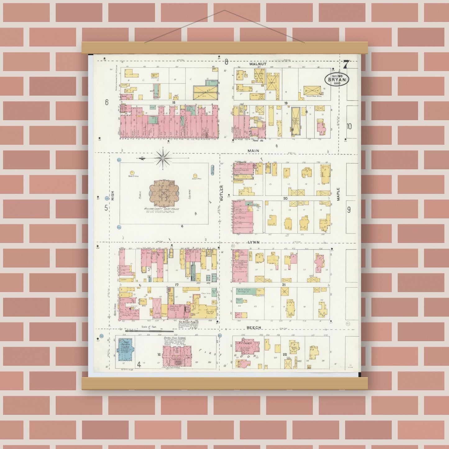 Old map wall art mockup — magnetic wood frame on brick wall — Sanborn Fire Insurance Map from Bryan, Williams County, Ohio (1905), Sheet #0007