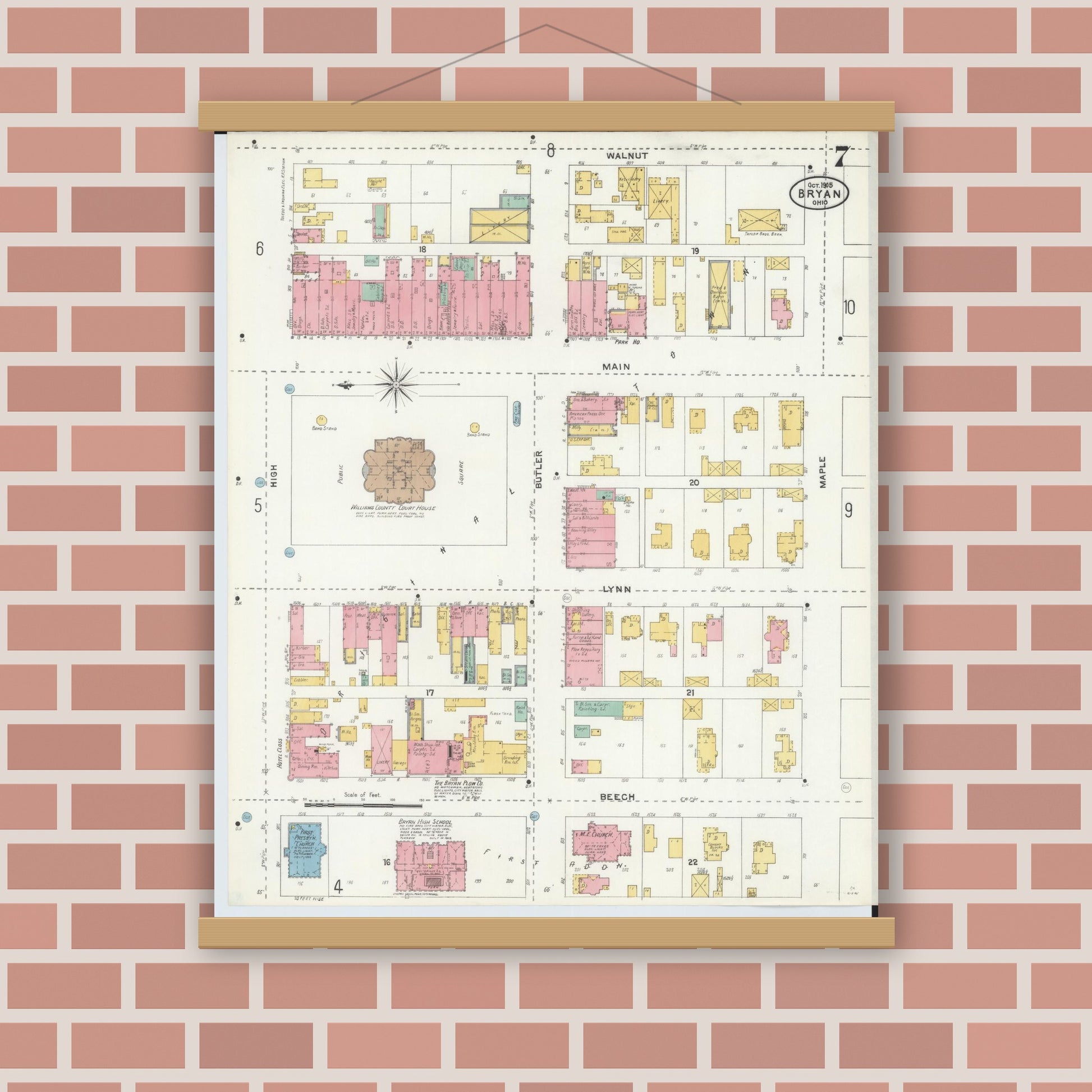 Old map wall art mockup — magnetic wood frame on brick wall — Sanborn Fire Insurance Map from Bryan, Williams County, Ohio (1905), Sheet #0007