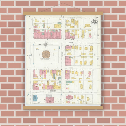 Old map wall art mockup — magnetic wood frame on brick wall — Sanborn Fire Insurance Map from Bryan, Williams County, Ohio (1905), Sheet #0007