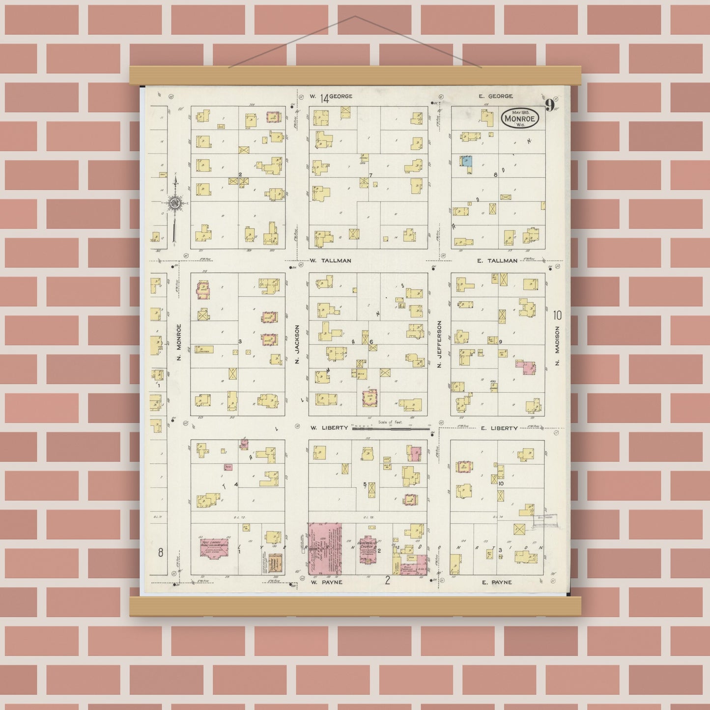 Old map wall art mockup — magnetic wood frame on brick wall — Sanborn Fire Insurance Map from Monroe, Green County, Wisconsin (1915), Sheet #0009