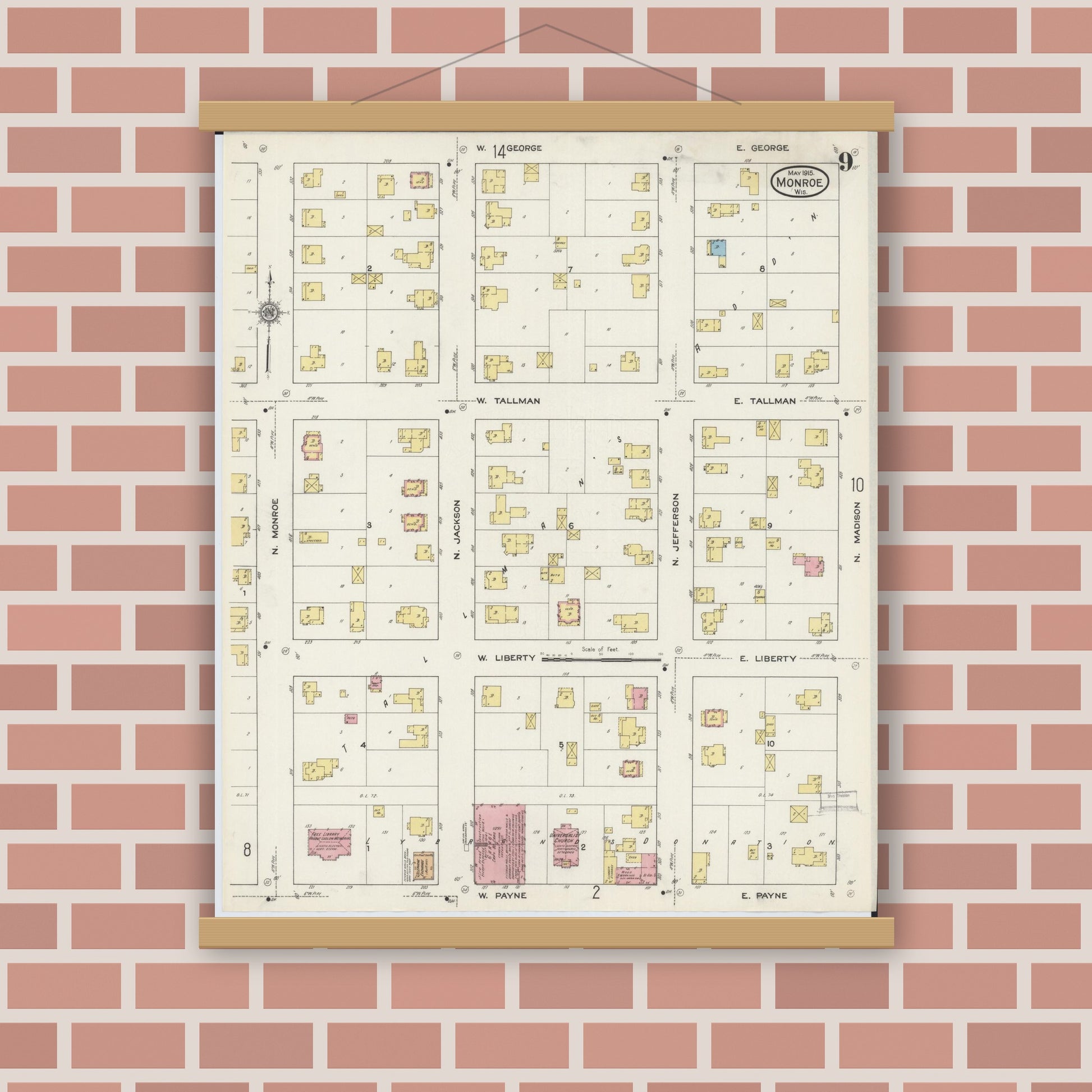 Old map wall art mockup — magnetic wood frame on brick wall — Sanborn Fire Insurance Map from Monroe, Green County, Wisconsin (1915), Sheet #0009