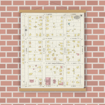 Old map wall art mockup — magnetic wood frame on brick wall — Sanborn Fire Insurance Map from Monroe, Green County, Wisconsin (1915), Sheet #0009