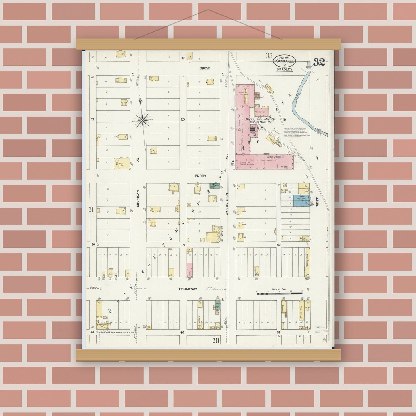 Old map wall art mockup — magnetic wood frame on brick wall — Sanborn Fire Insurance Map from Kankakee, Kankakee County, Illinois (1907), Sheet #0032