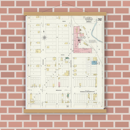 Old map wall art mockup — magnetic wood frame on brick wall — Sanborn Fire Insurance Map from Kankakee, Kankakee County, Illinois (1907), Sheet #0032
