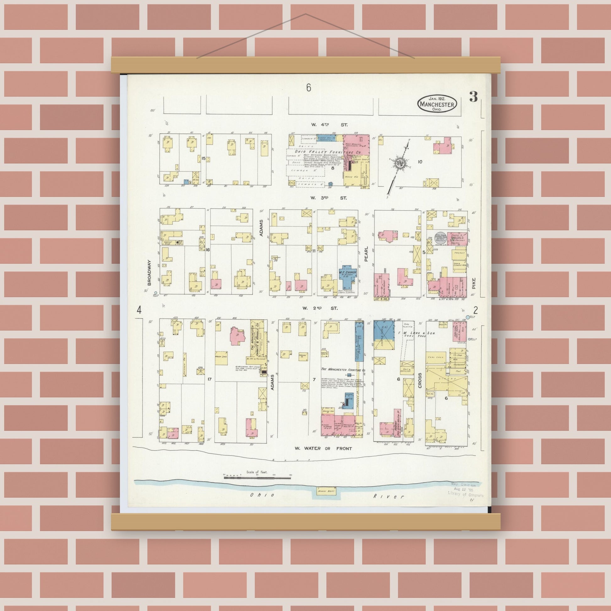 Old map wall art mockup — magnetic wood frame on brick wall — Sanborn Fire Insurance Map from Manchester, Adams County, Ohio (1912), Sheet #0003