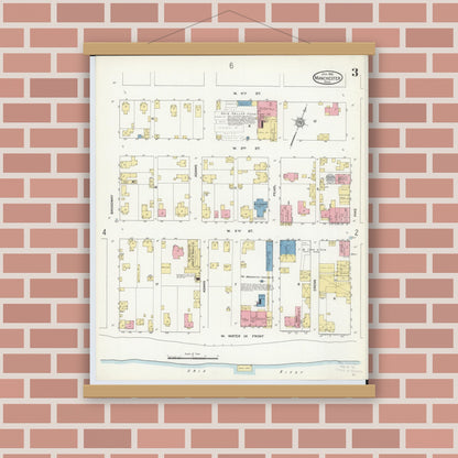 Old map wall art mockup — magnetic wood frame on brick wall — Sanborn Fire Insurance Map from Manchester, Adams County, Ohio (1912), Sheet #0003