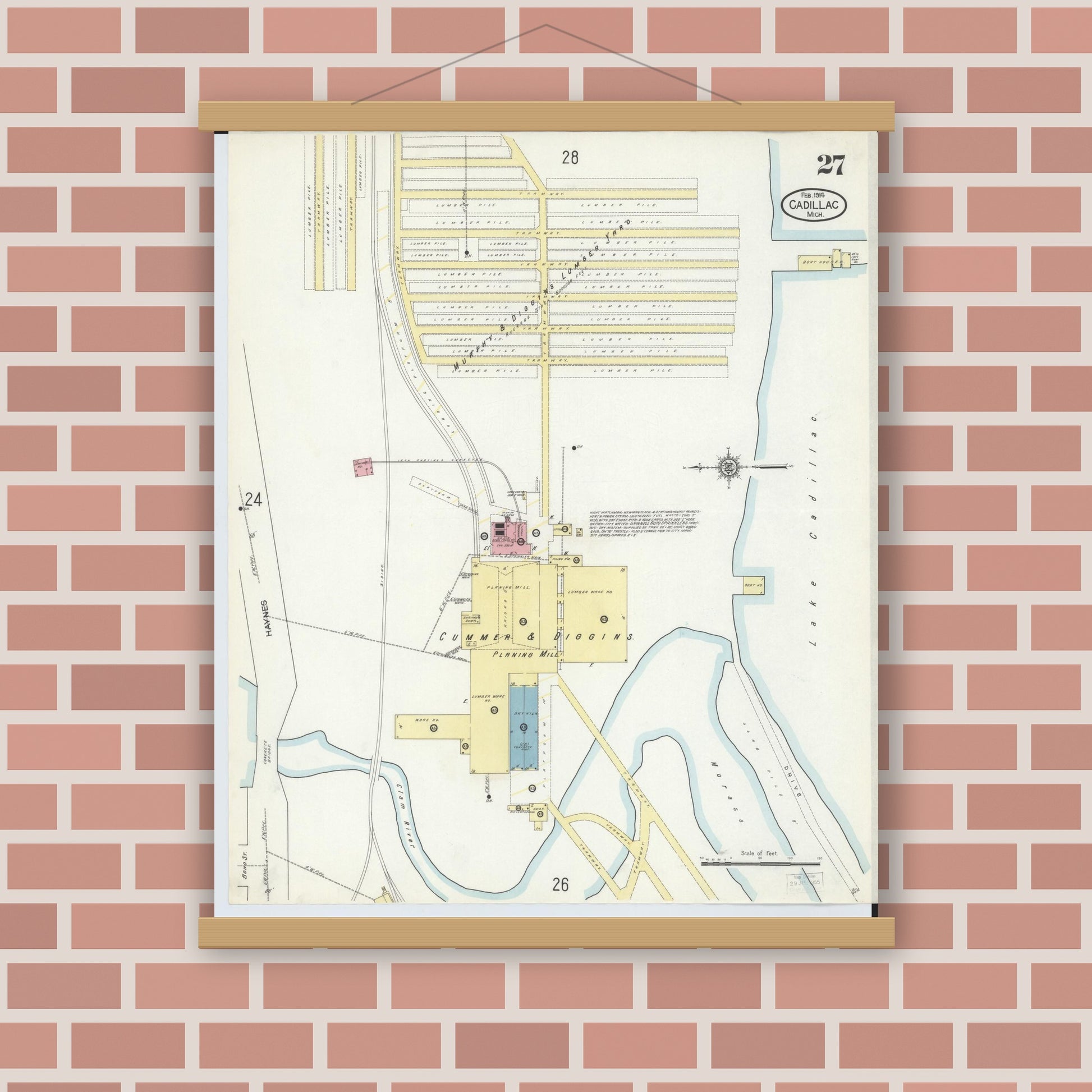 Old map wall art mockup — magnetic wood frame on brick wall — Sanborn Fire Insurance Map from Cadillac, Wexford County, Michigan (1914), Sheet #0027