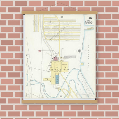 Old map wall art mockup — magnetic wood frame on brick wall — Sanborn Fire Insurance Map from Cadillac, Wexford County, Michigan (1914), Sheet #0027