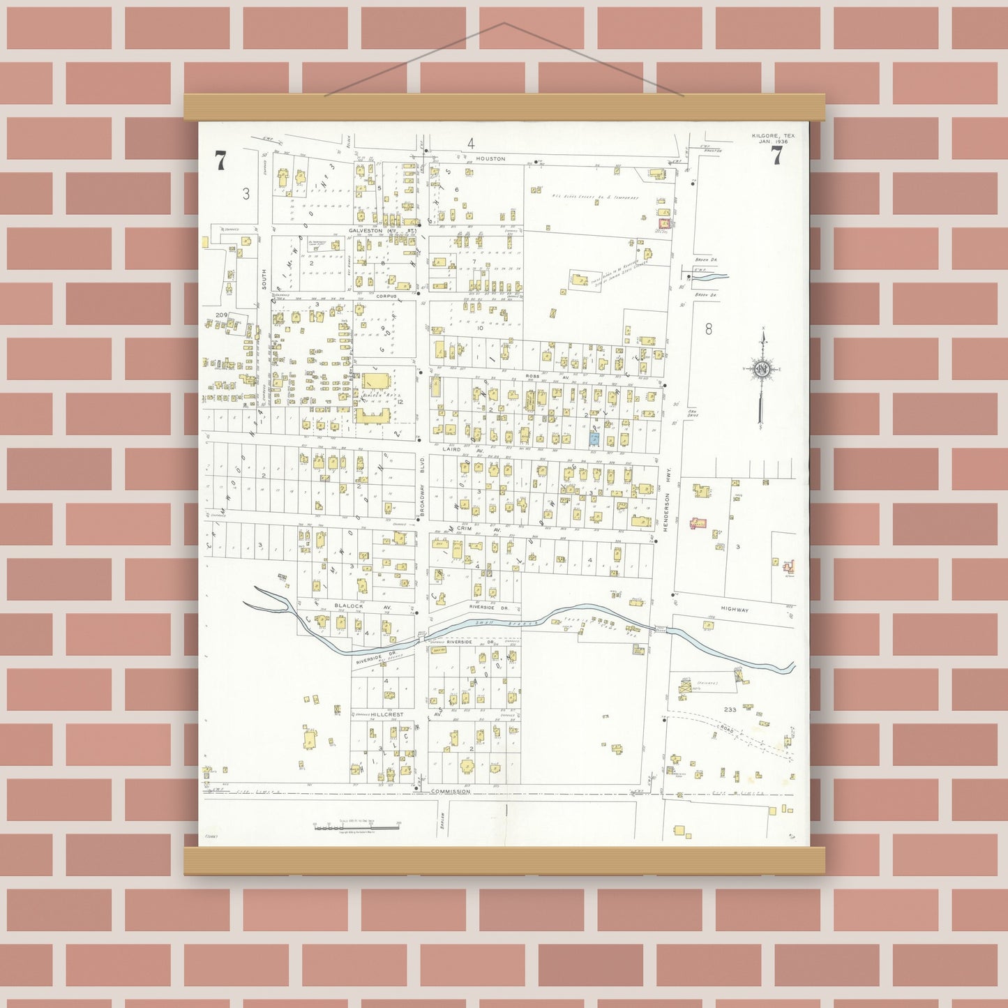 Old map wall art mockup — magnetic wood frame on brick wall — Sanborn Fire Insurance Map from Kilgore, Gregg County, Texas (1936), Sheet #0007