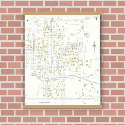 Old map wall art mockup — magnetic wood frame on brick wall — Sanborn Fire Insurance Map from Kilgore, Gregg County, Texas (1936), Sheet #0007