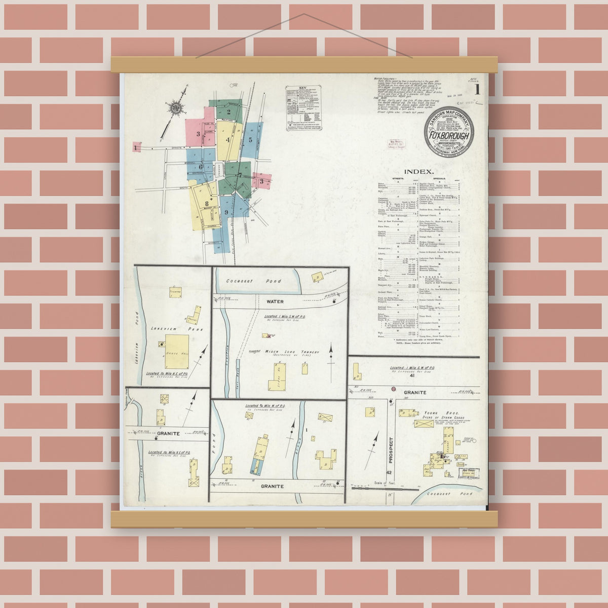 Old map wall art mockup — magnetic wood frame on brick wall — Sanborn Fire Insurance Map from Foxboro, Norfolk County, Massachusetts (1911), Sheet #0001