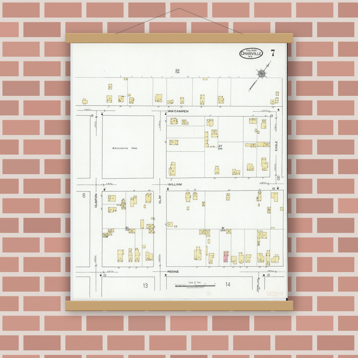 Old map wall art mockup — magnetic wood frame on brick wall — Sanborn Fire Insurance Map from Dansville, Livingston County, New York (1920), Sheet #0007