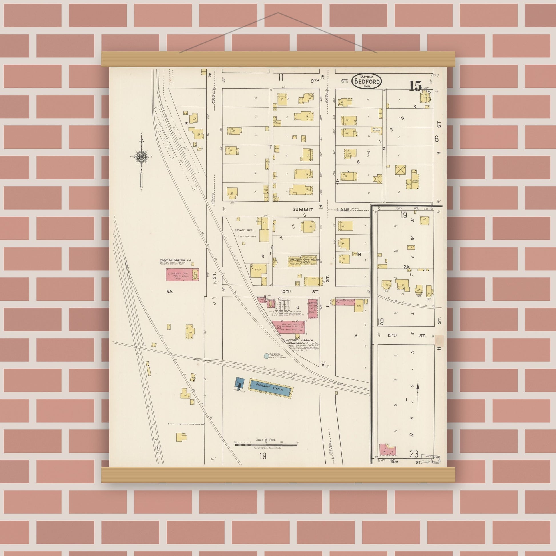Old map wall art mockup — magnetic wood frame on brick wall — Sanborn Fire Insurance Map from Bedford, Lawrence County, Indiana (1922), Sheet #0015
