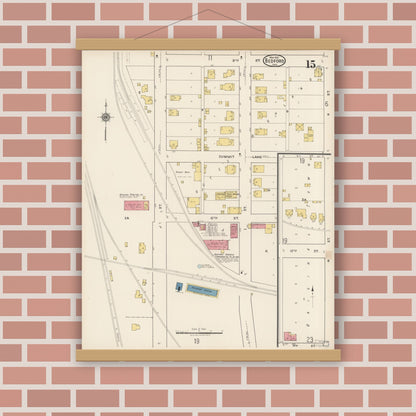 Old map wall art mockup — magnetic wood frame on brick wall — Sanborn Fire Insurance Map from Bedford, Lawrence County, Indiana (1922), Sheet #0015