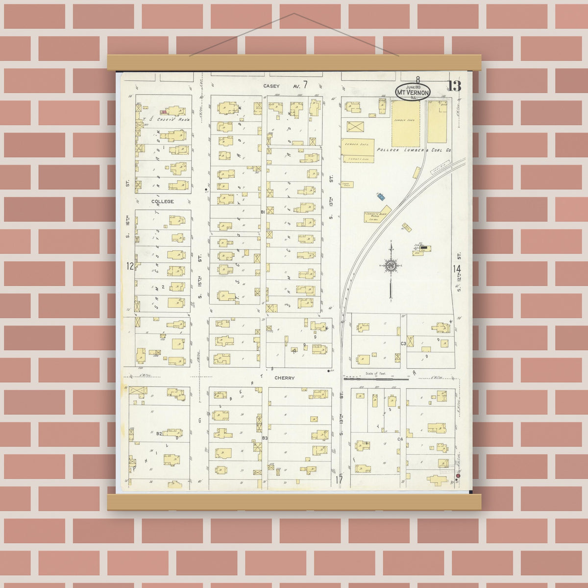 Old map wall art mockup — magnetic wood frame on brick wall — Sanborn Fire Insurance Map from Mount Vernon, Jefferson County, Illinois (1913), Sheet #0013