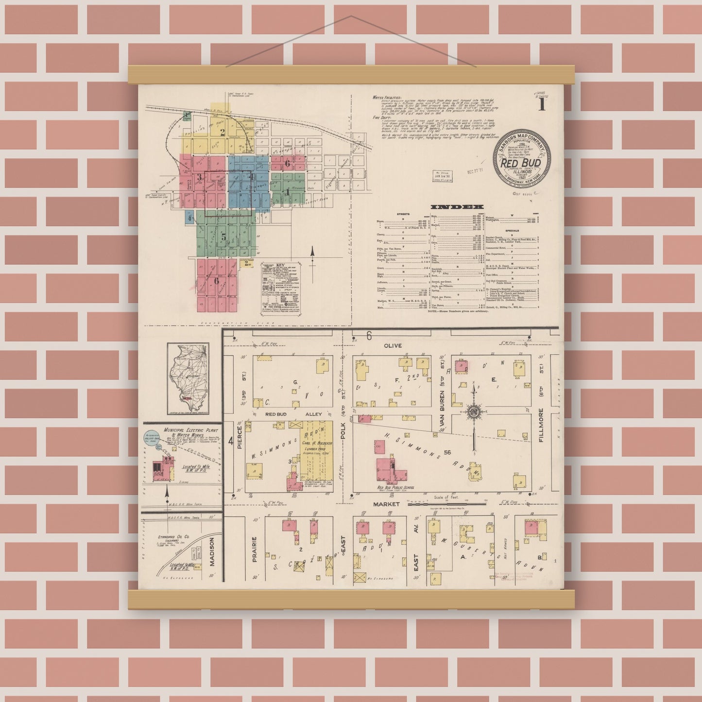 Old map wall art mockup — magnetic wood frame on brick wall — Sanborn Fire Insurance Map from Red Bud, Randolph County, Illinois (1921) - Complete Map Set