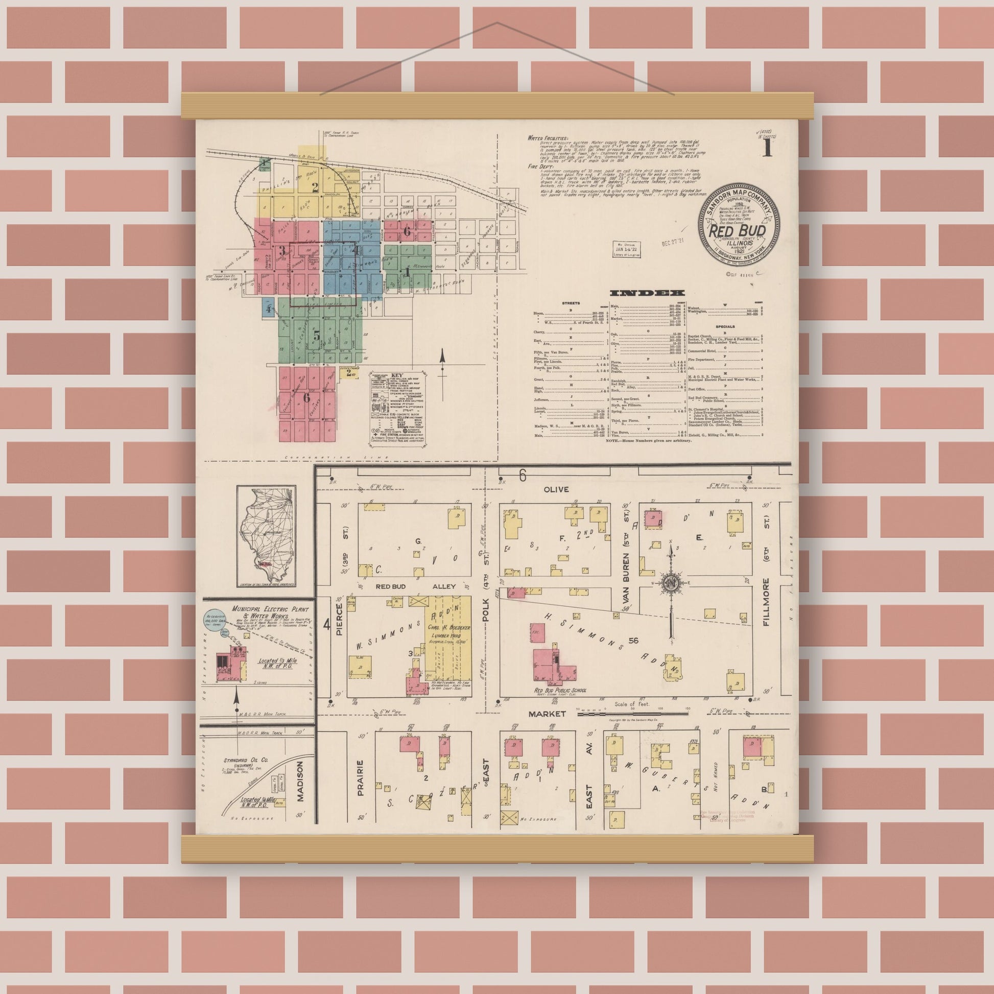 Old map wall art mockup — magnetic wood frame on brick wall — Sanborn Fire Insurance Map from Red Bud, Randolph County, Illinois (1921) - Complete Map Set