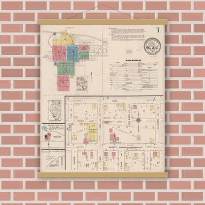 Old map wall art mockup — magnetic wood frame on brick wall — Sanborn Fire Insurance Map from Red Bud, Randolph County, Illinois (1921) - Complete Map Set