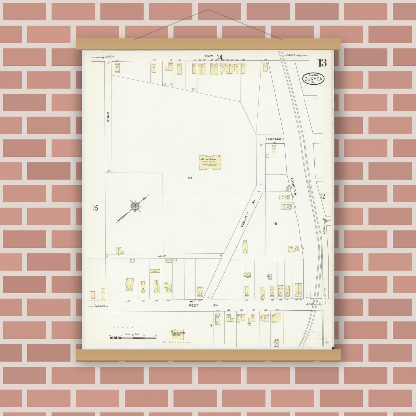 Old map wall art mockup — magnetic wood frame on brick wall — Sanborn Fire Insurance Map from Duryea, Luzerne County, Pennsylvania (1914), Sheet #0013