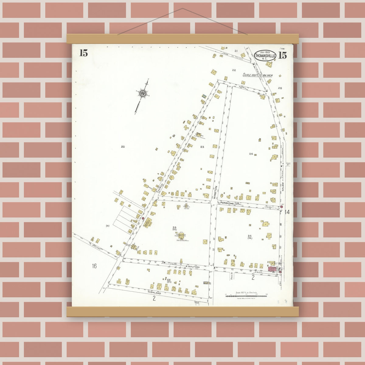 Old map wall art mockup — magnetic wood frame on brick wall — Sanborn Fire Insurance Map from Thomasville, Davidson County, North Carolina (1923), Sheet #0015