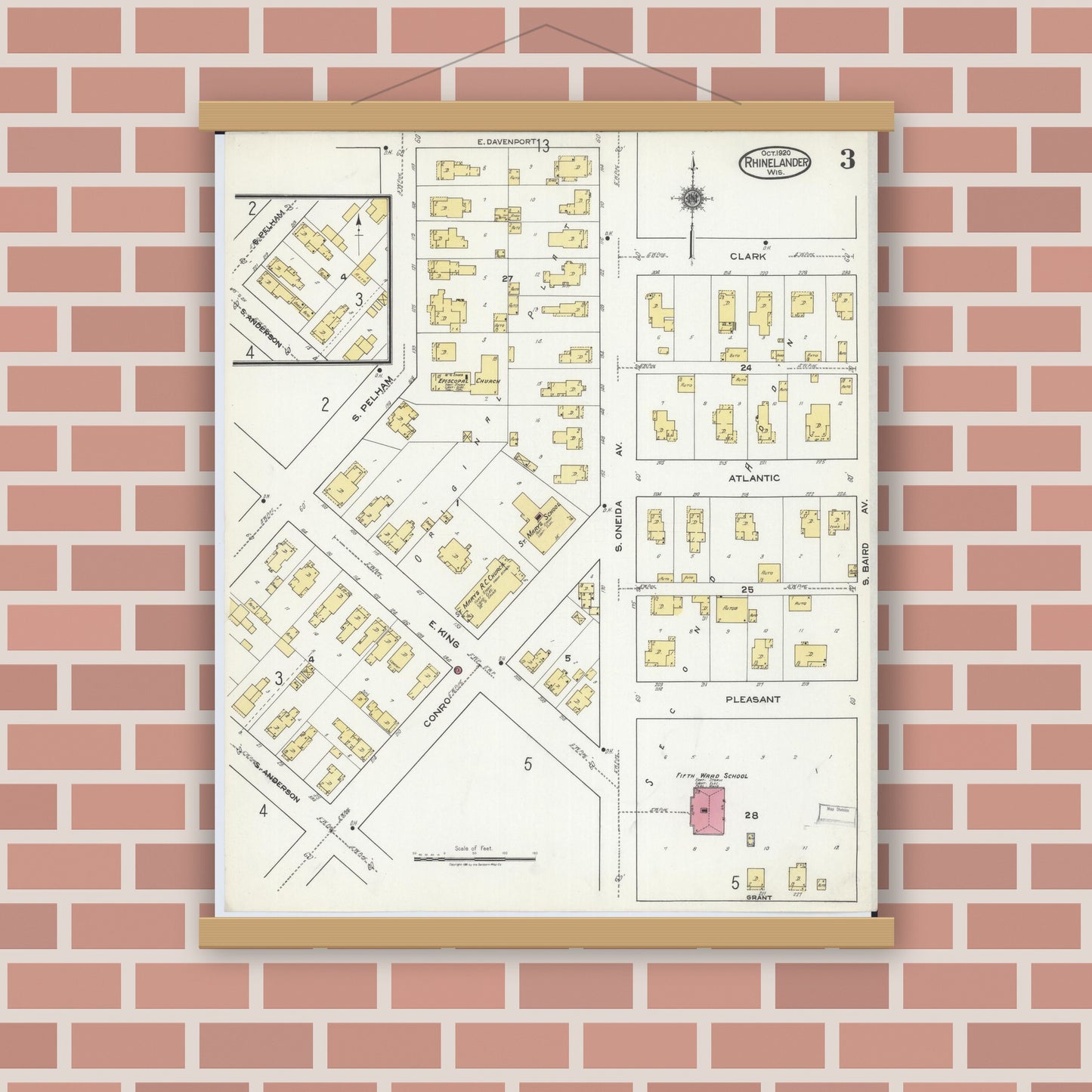 Old map wall art mockup — magnetic wood frame on brick wall — Sanborn Fire Insurance Map from Rhinelander, Oneida County, Wisconsin (1920), Sheet #0003