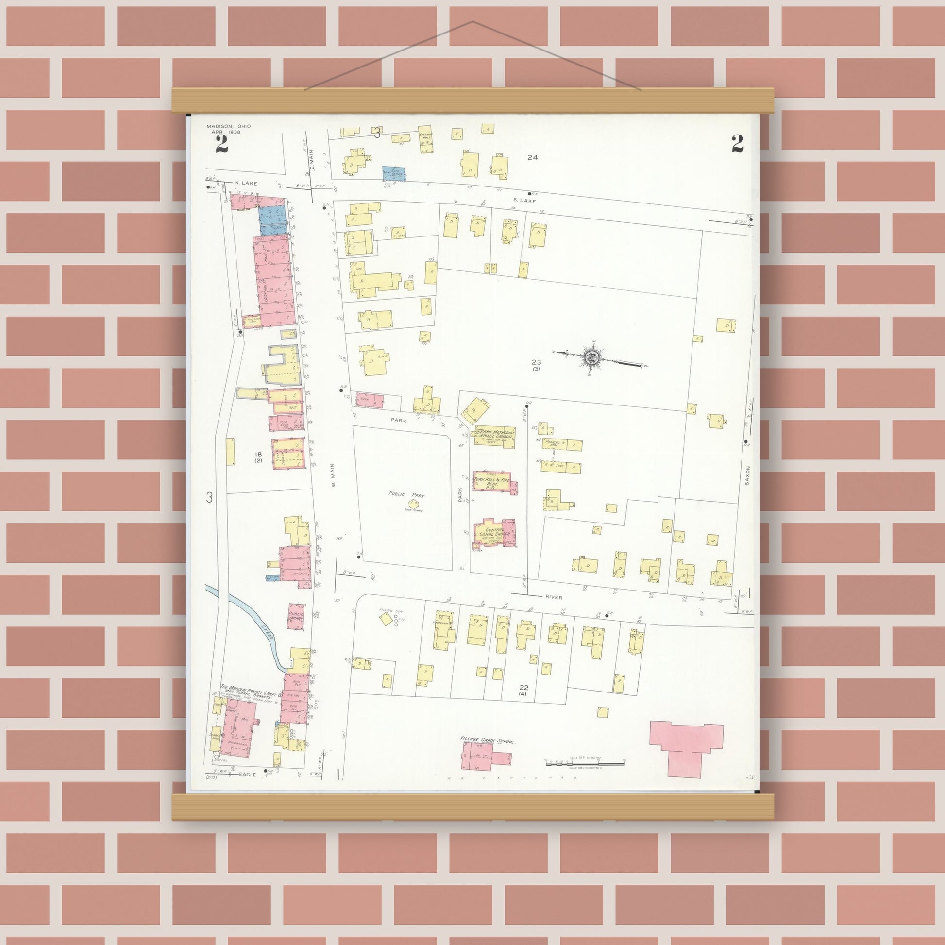 Old map wall art mockup — magnetic wood frame on brick wall — Sanborn Fire Insurance Map from Madison, Lake County, Ohio (1938), Sheet #0002