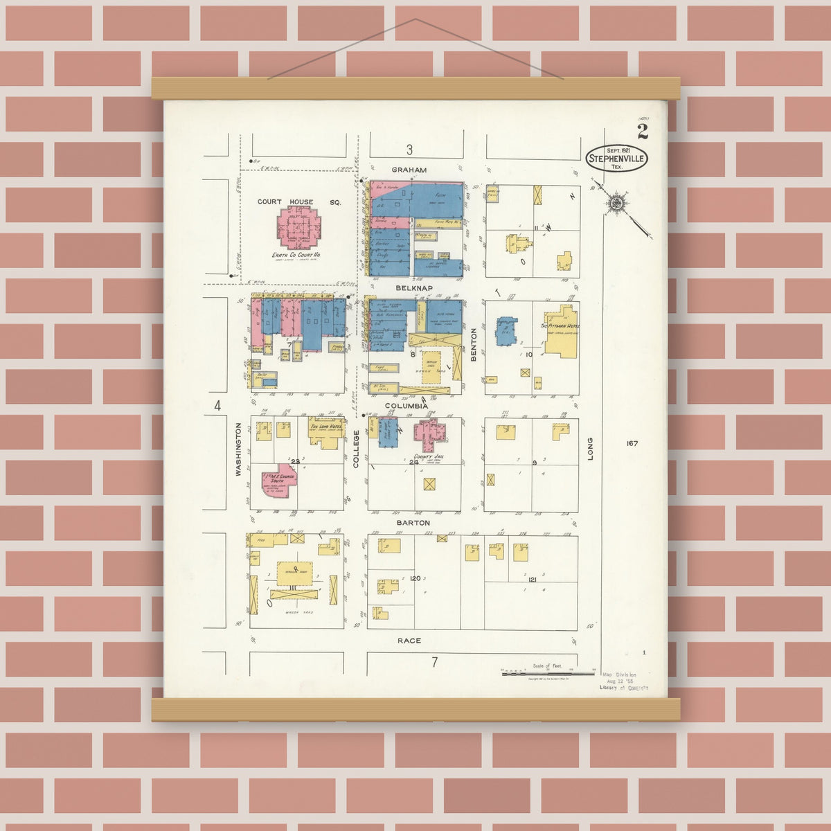 Old map wall art mockup — magnetic wood frame on brick wall — Sanborn Fire Insurance Map from Stephenville, Erath County, Texas (1921), Sheet #0002