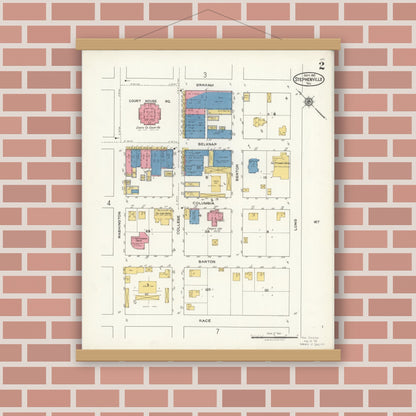 Old map wall art mockup — magnetic wood frame on brick wall — Sanborn Fire Insurance Map from Stephenville, Erath County, Texas (1921), Sheet #0002