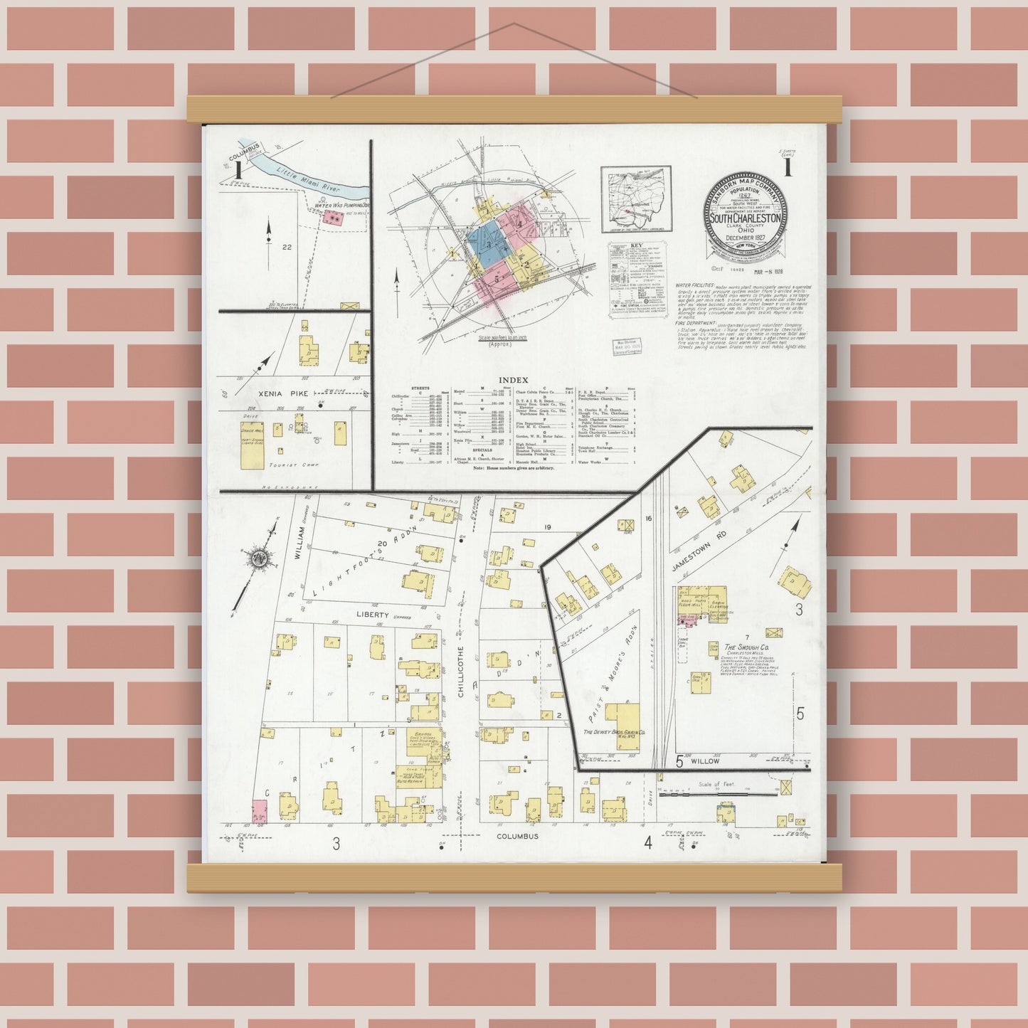 Old map wall art mockup — magnetic wood frame on brick wall — Sanborn Fire Insurance Map from South Charleston, Clark County, Ohio (1927), Sheet #0001