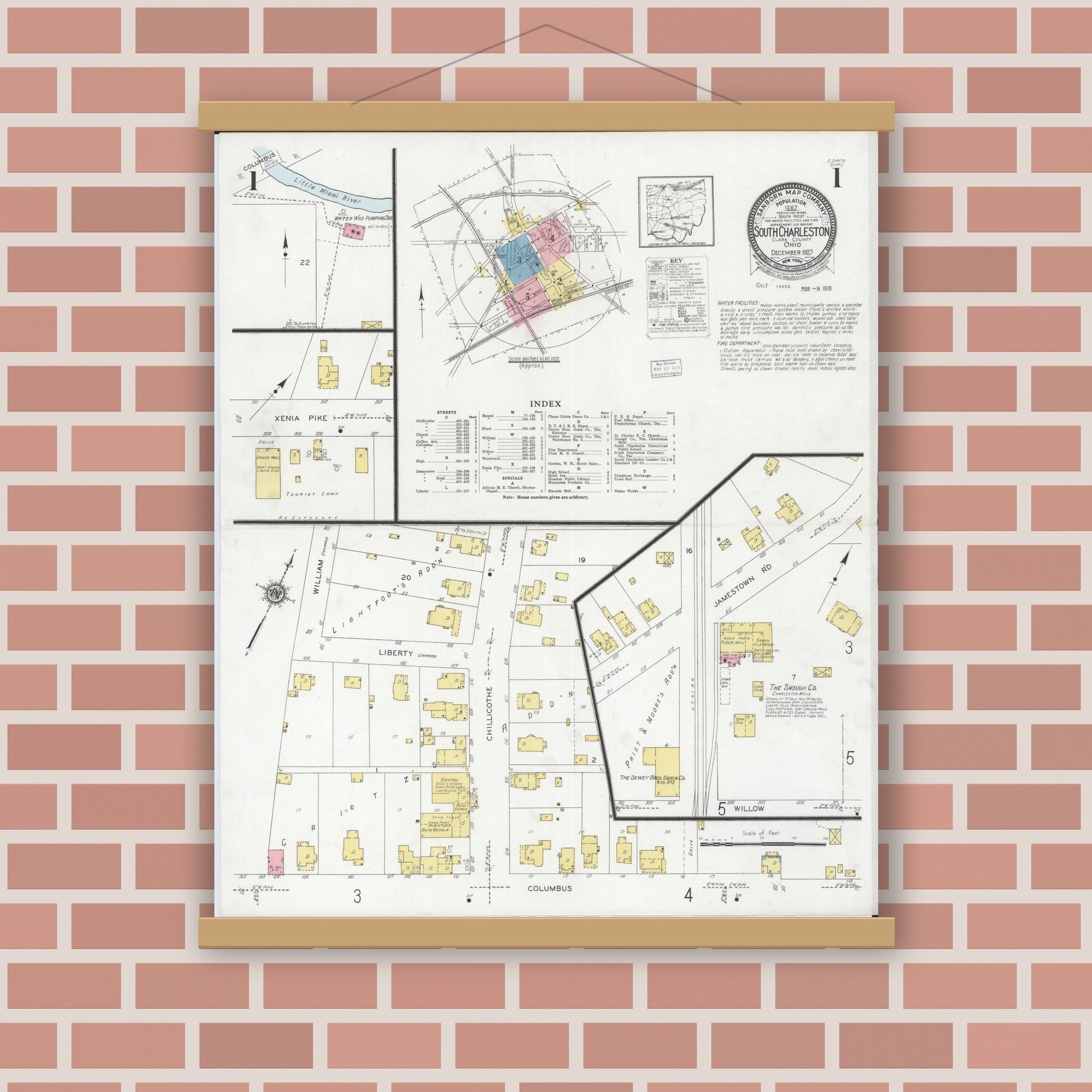 Old map wall art mockup — magnetic wood frame on brick wall — Sanborn Fire Insurance Map from South Charleston, Clark County, Ohio (1927), Sheet #0001