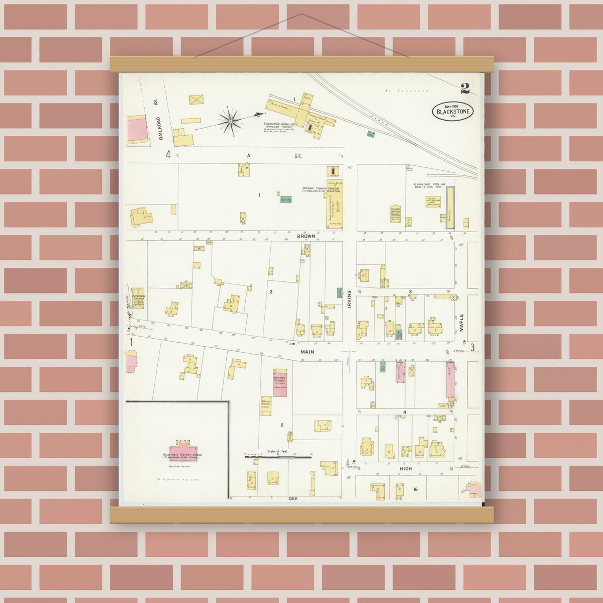 Old map wall art mockup — magnetic wood frame on brick wall — Sanborn Fire Insurance Map from Blackstone, Nottoway County, Virginia (1908), Sheet #0002