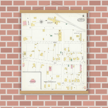 Old map wall art mockup — magnetic wood frame on brick wall — Sanborn Fire Insurance Map from Blackstone, Nottoway County, Virginia (1908), Sheet #0002