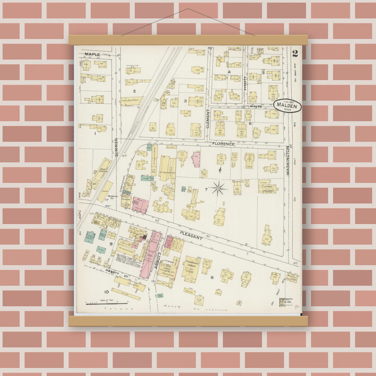 Old map wall art mockup — magnetic wood frame on brick wall — Sanborn Fire Insurance Map from Malden, Middlesex County, Massachusetts (1887), Sheet #0002