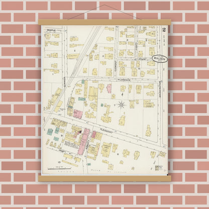 Old map wall art mockup — magnetic wood frame on brick wall — Sanborn Fire Insurance Map from Malden, Middlesex County, Massachusetts (1887), Sheet #0002