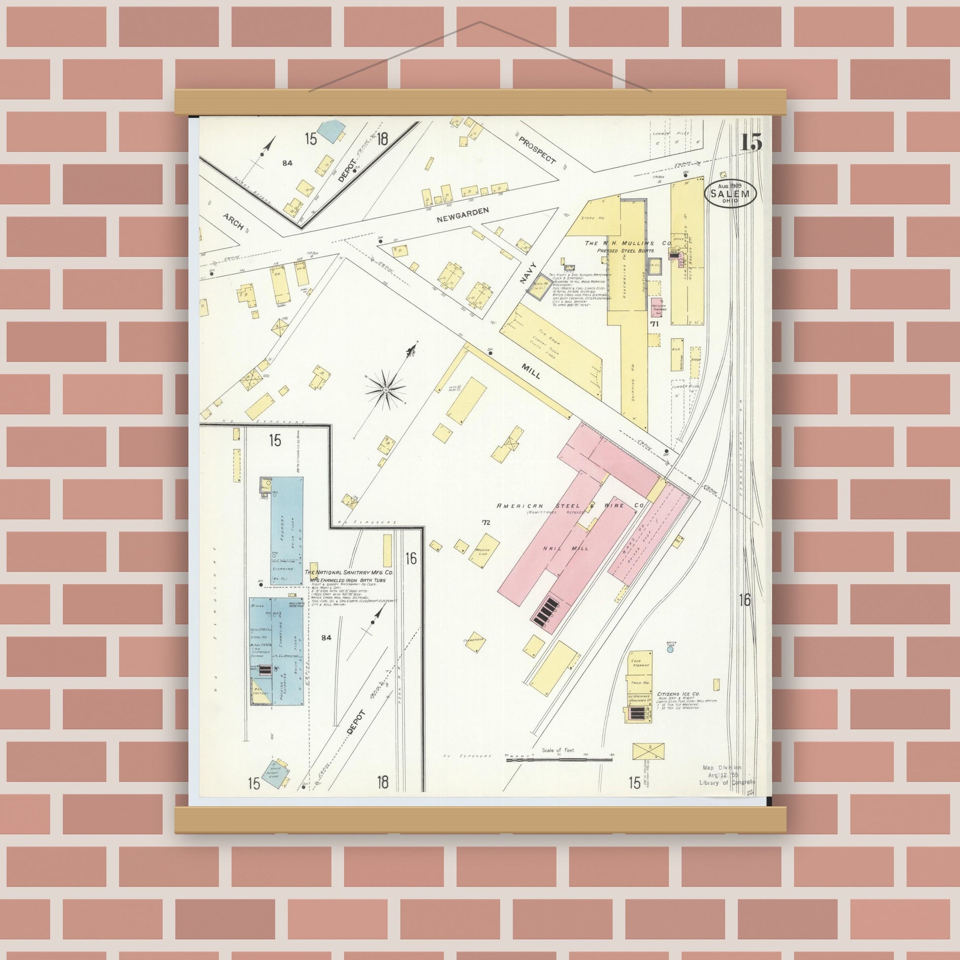 Old map wall art mockup — magnetic wood frame on brick wall — Sanborn Fire Insurance Map from Salem, Columbiana County, Ohio (1909), Sheet #0015
