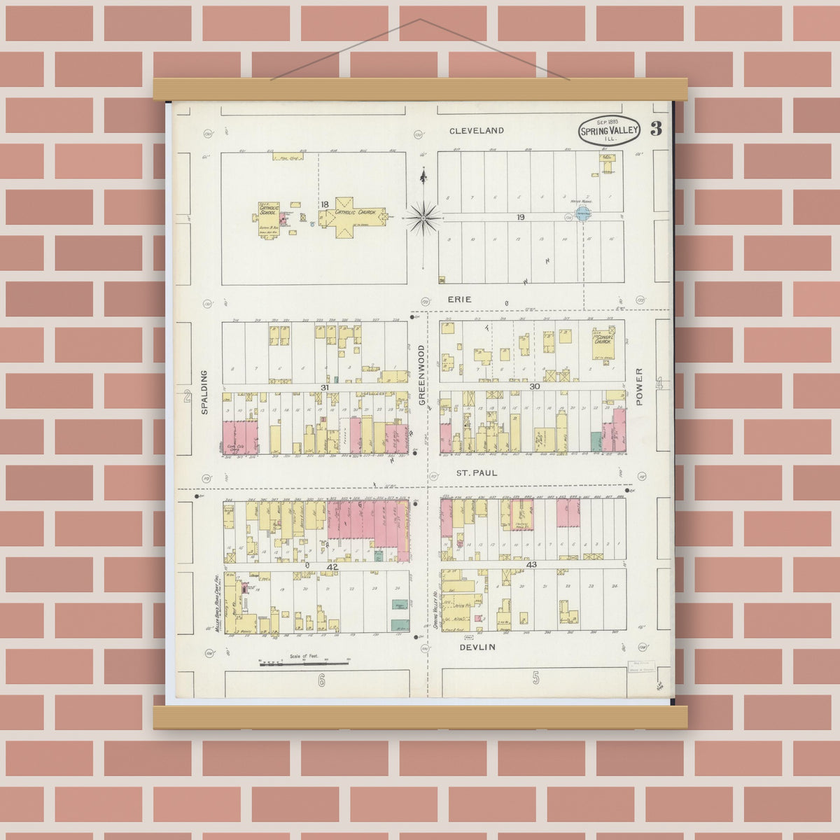Old map wall art mockup — magnetic wood frame on brick wall — Sanborn Fire Insurance Map from Spring Valley, Bureau County, Illinois (1893), Sheet #0003