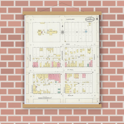 Old map wall art mockup — magnetic wood frame on brick wall — Sanborn Fire Insurance Map from Spring Valley, Bureau County, Illinois (1893), Sheet #0003