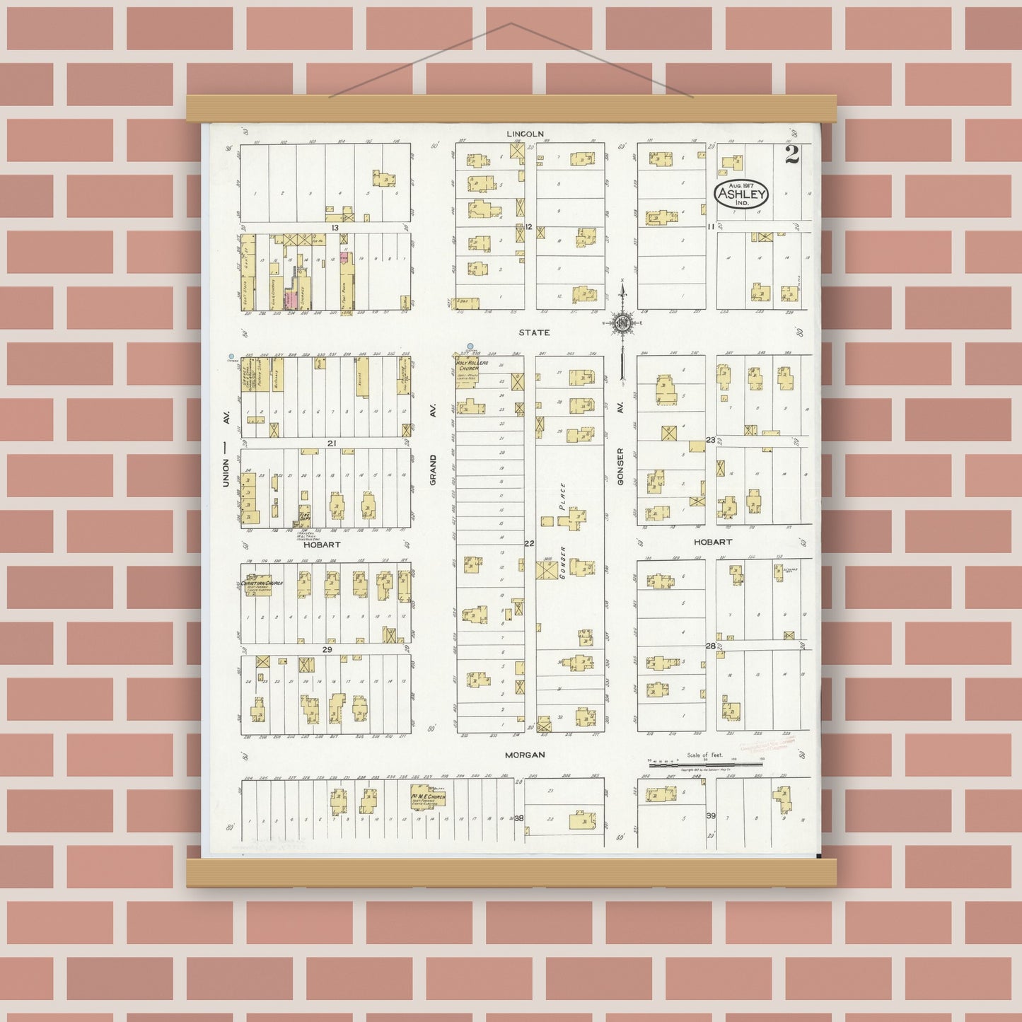 Old map wall art mockup — magnetic wood frame on brick wall — Sanborn Fire Insurance Map from Ashley, Steuben County, Indiana (1917), Sheet #0002