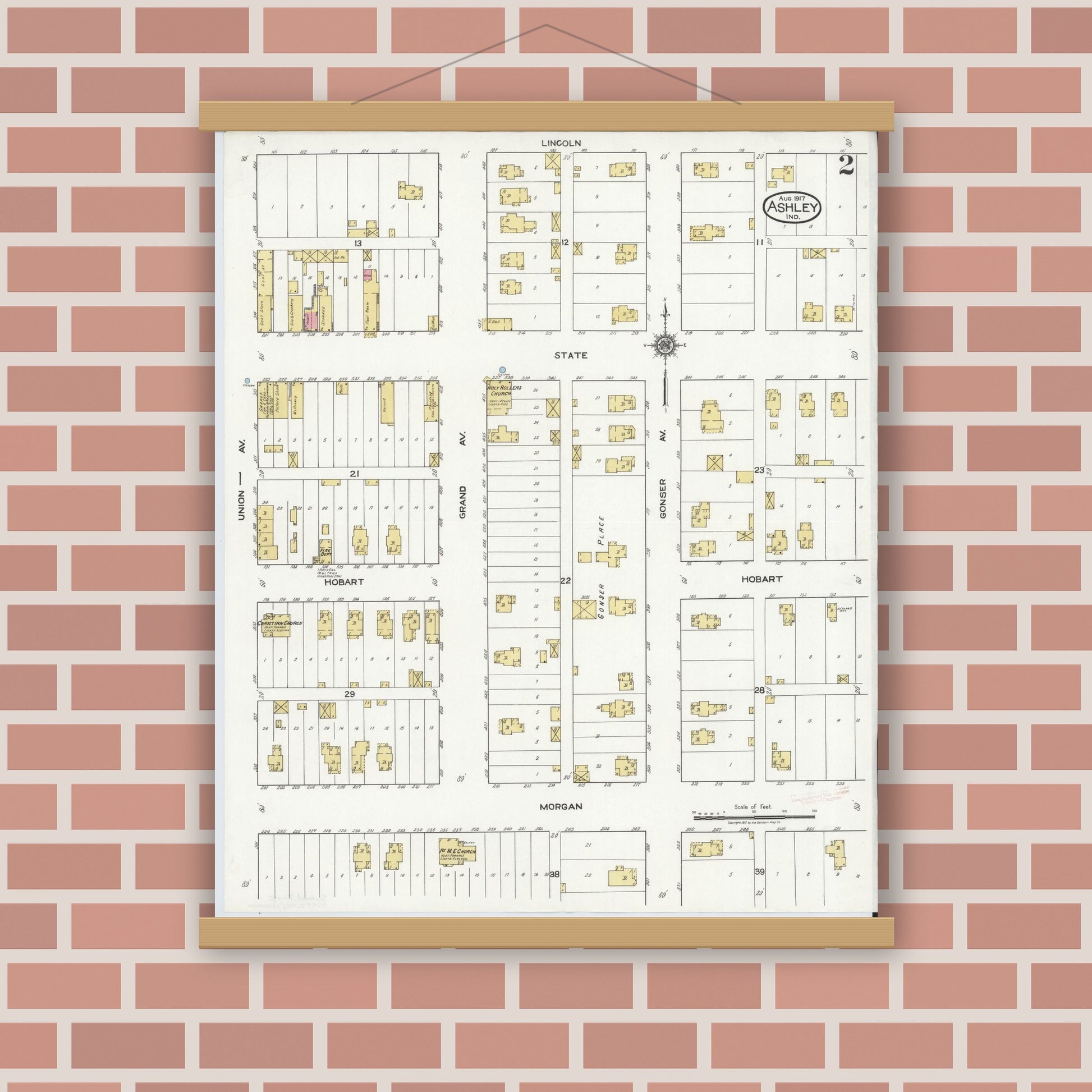 Old map wall art mockup — magnetic wood frame on brick wall — Sanborn Fire Insurance Map from Ashley, Steuben County, Indiana (1917), Sheet #0002