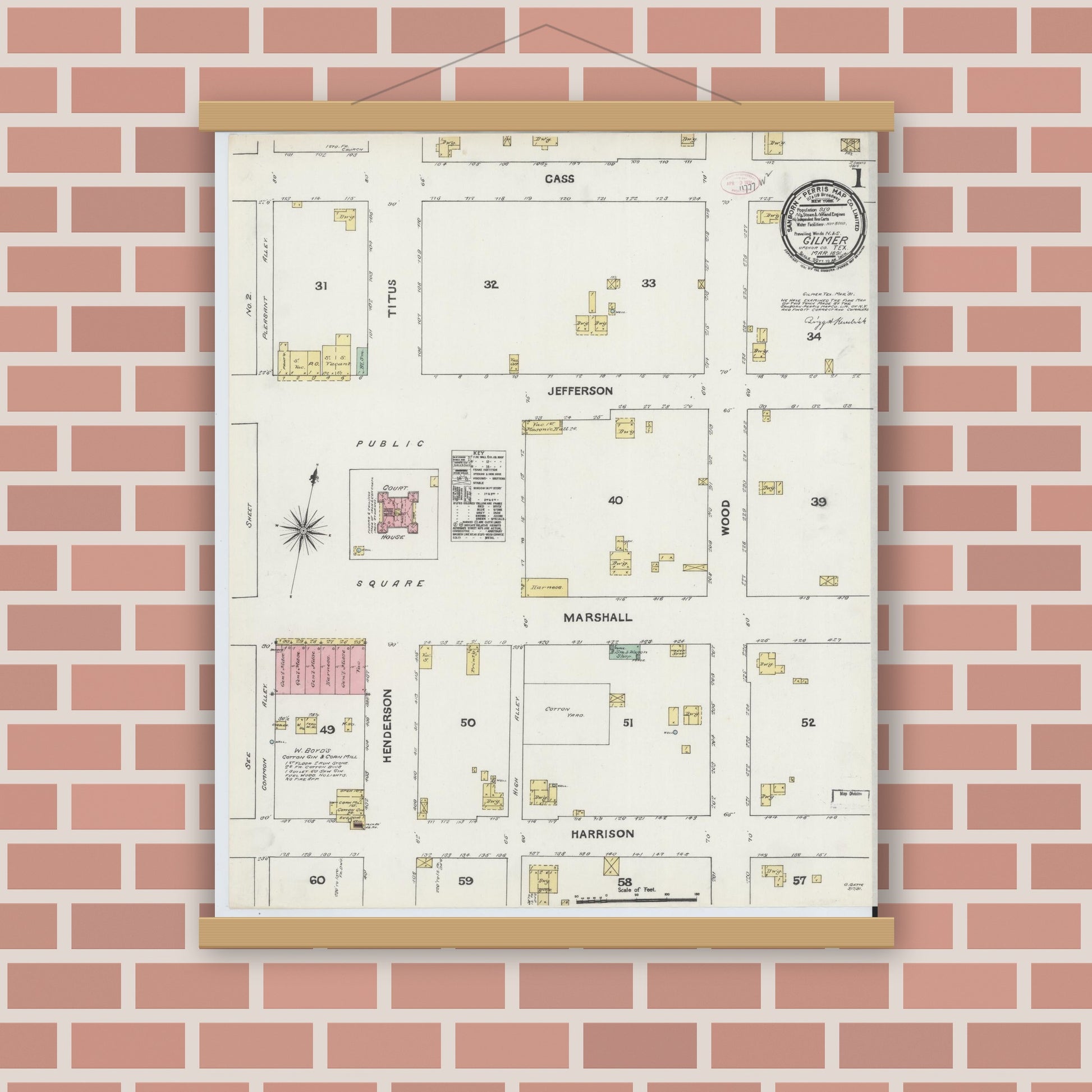 Old map wall art mockup — magnetic wood frame on brick wall — Sanborn Fire Insurance Map from Gilmer, Upshur County, Texas (1891) - Complete Map Set
