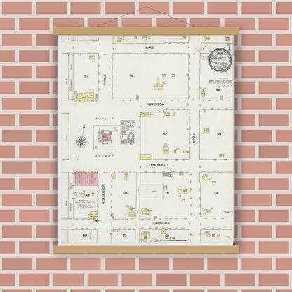 Old map wall art mockup — magnetic wood frame on brick wall — Sanborn Fire Insurance Map from Gilmer, Upshur County, Texas (1891) - Complete Map Set