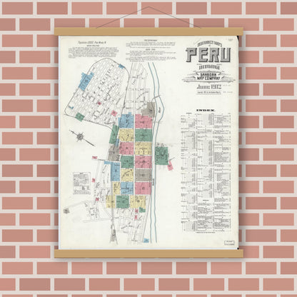 Old map wall art mockup — magnetic wood frame on brick wall — Sanborn Fire Insurance Map from Peru, Miami County, Indiana (1912), Sheet #0001