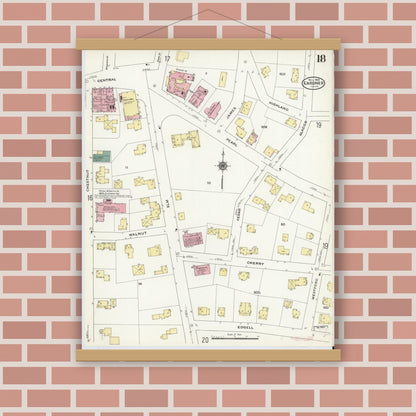 Old map wall art mockup — magnetic wood frame on brick wall — Sanborn Fire Insurance Map from Gardner, Worcester County, Massachusetts (1909), Sheet #0018