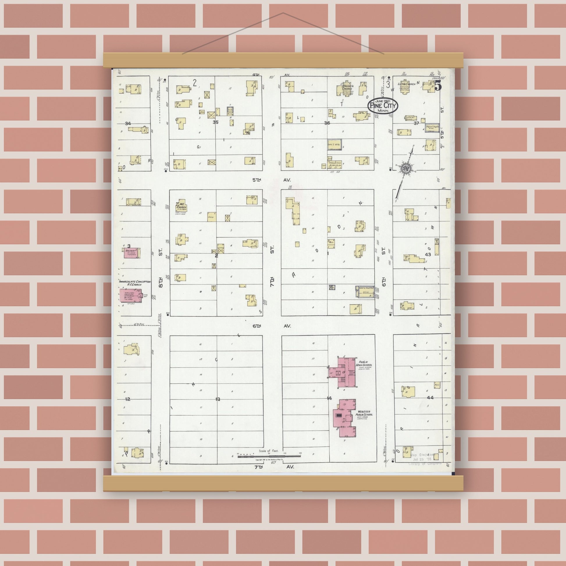 Old map wall art mockup — magnetic wood frame on brick wall — Sanborn Fire Insurance Map from Pine City, Pine County, Minnesota (1921), Sheet #0005