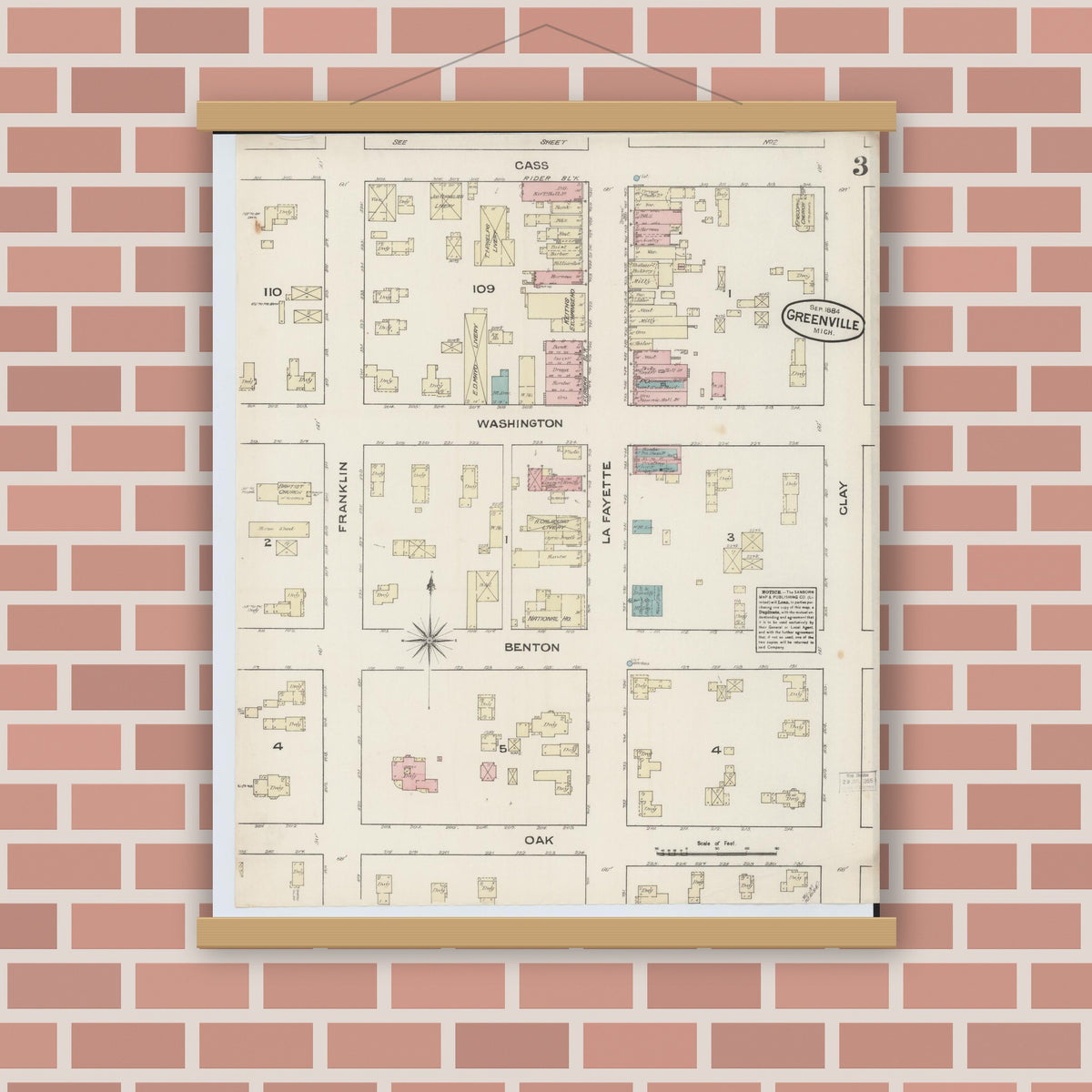Old map wall art mockup — magnetic wood frame on brick wall — Sanborn Fire Insurance Map from Greenville, Montcalm County, Michigan (1884), Sheet #0003