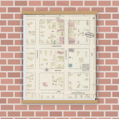 Old map wall art mockup — magnetic wood frame on brick wall — Sanborn Fire Insurance Map from Greenville, Montcalm County, Michigan (1884), Sheet #0003