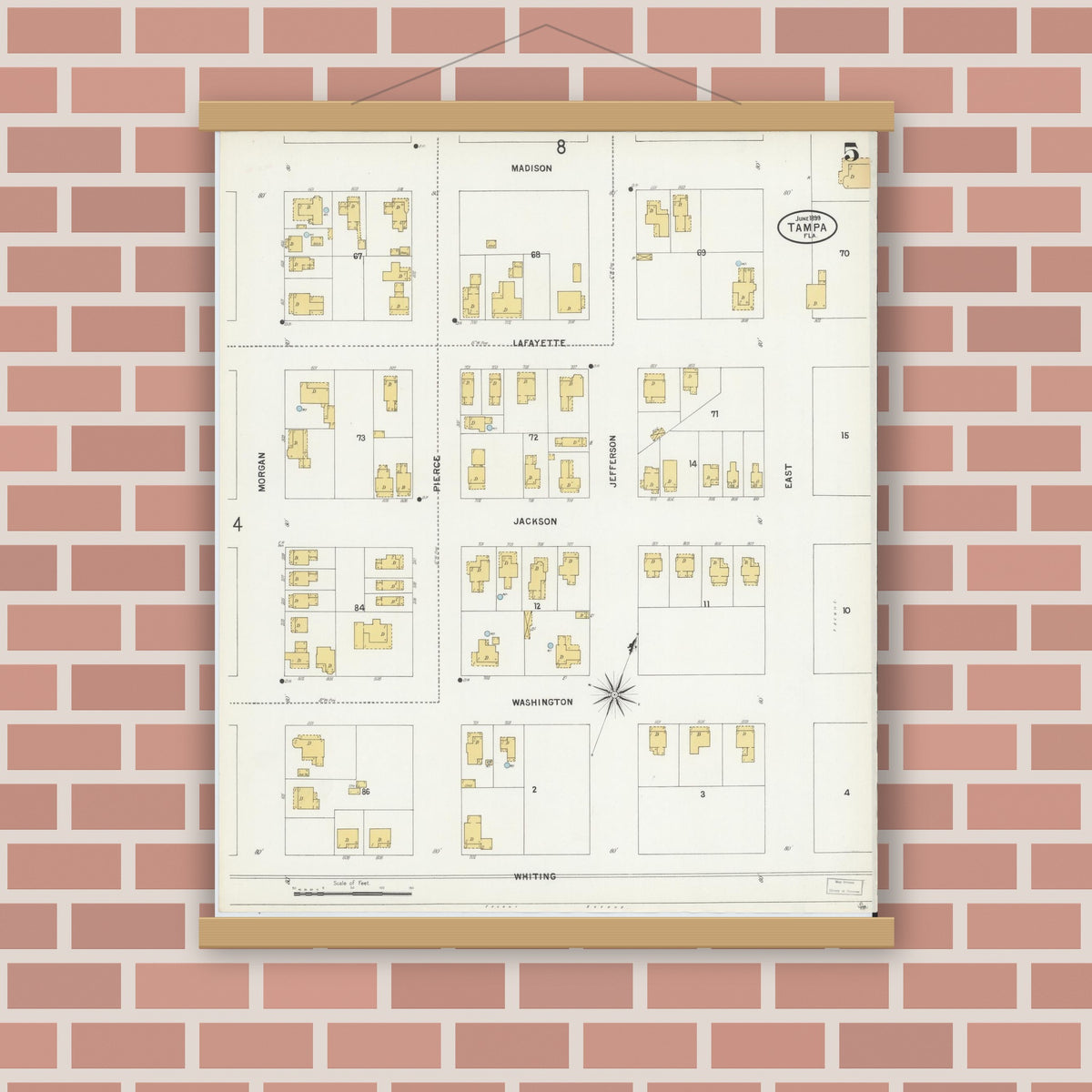Old map wall art mockup — magnetic wood frame on brick wall — Sanborn Fire Insurance Map from Tampa, Hillsborough County, Florida (1899), Sheet #0005