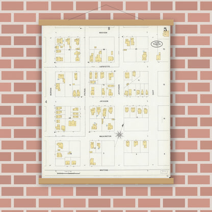 Old map wall art mockup — magnetic wood frame on brick wall — Sanborn Fire Insurance Map from Tampa, Hillsborough County, Florida (1899), Sheet #0005